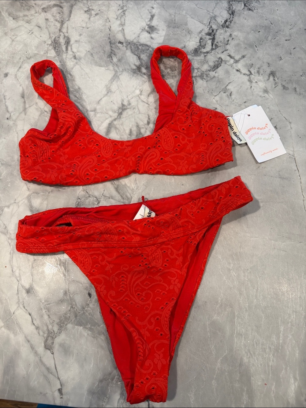 Dippin' Daisy's Red Embroidered Paisley Bikini Set